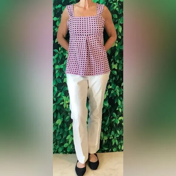 💗 Ann Taylor Pink, Black & White Dotted Tank – Wide Pleated Straps, Size Medium - Picture 1 of 4